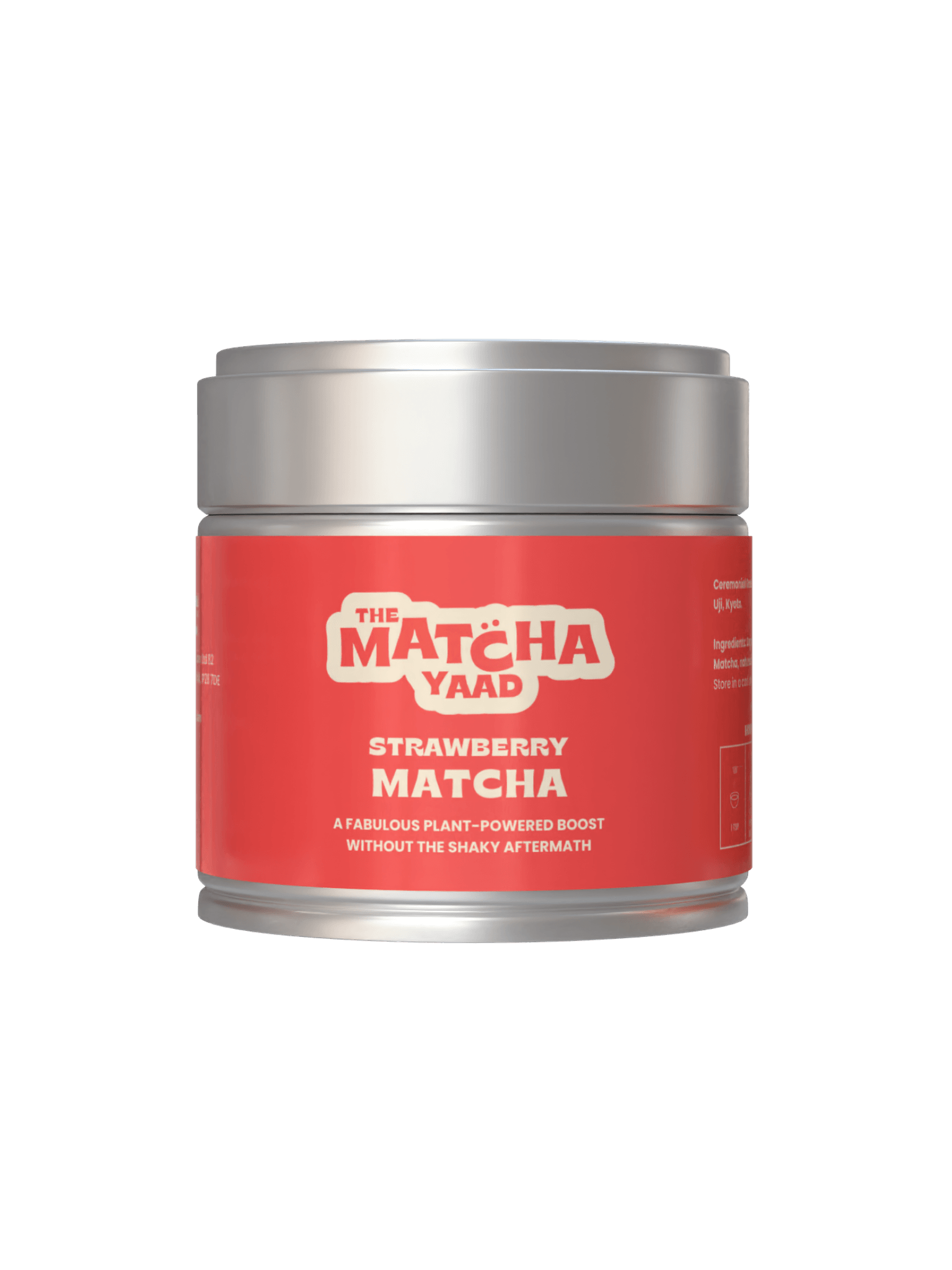 Strawberry Matcha powder in a red-labeled tin from The Matcha Yaad, ideal for iced lattes and smoothies. A plant-powered tea blend for an energy boost.