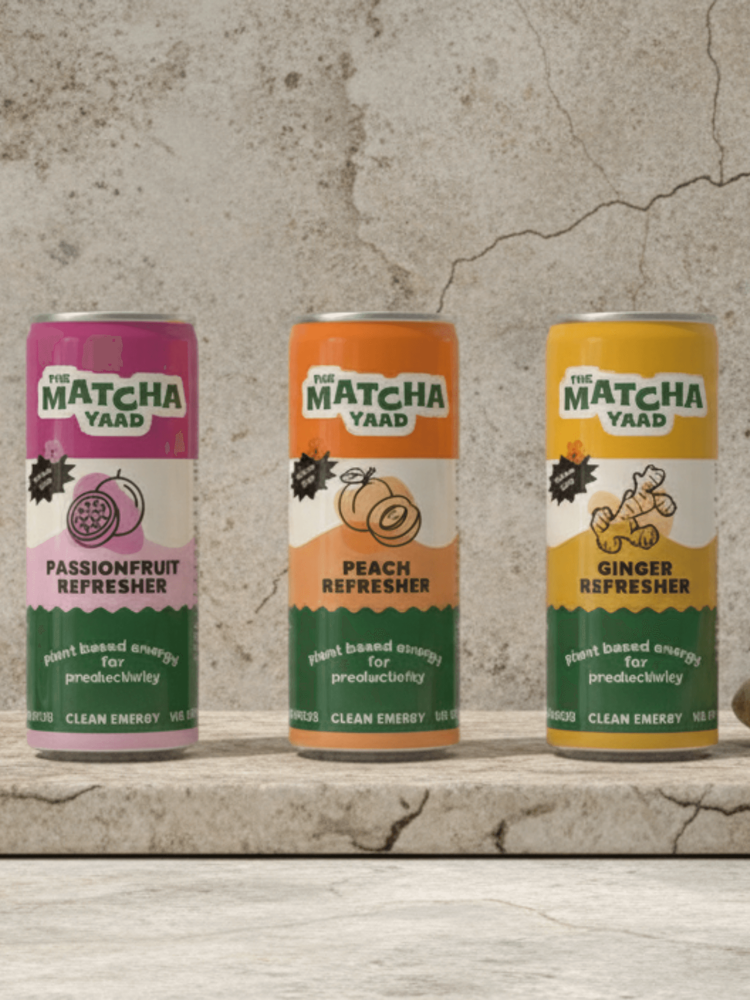 Refresher Variety Bundle featuring Passionfruit, Peach, and Ginger Matcha energy drinks on stone background, perfect for active lifestyles.