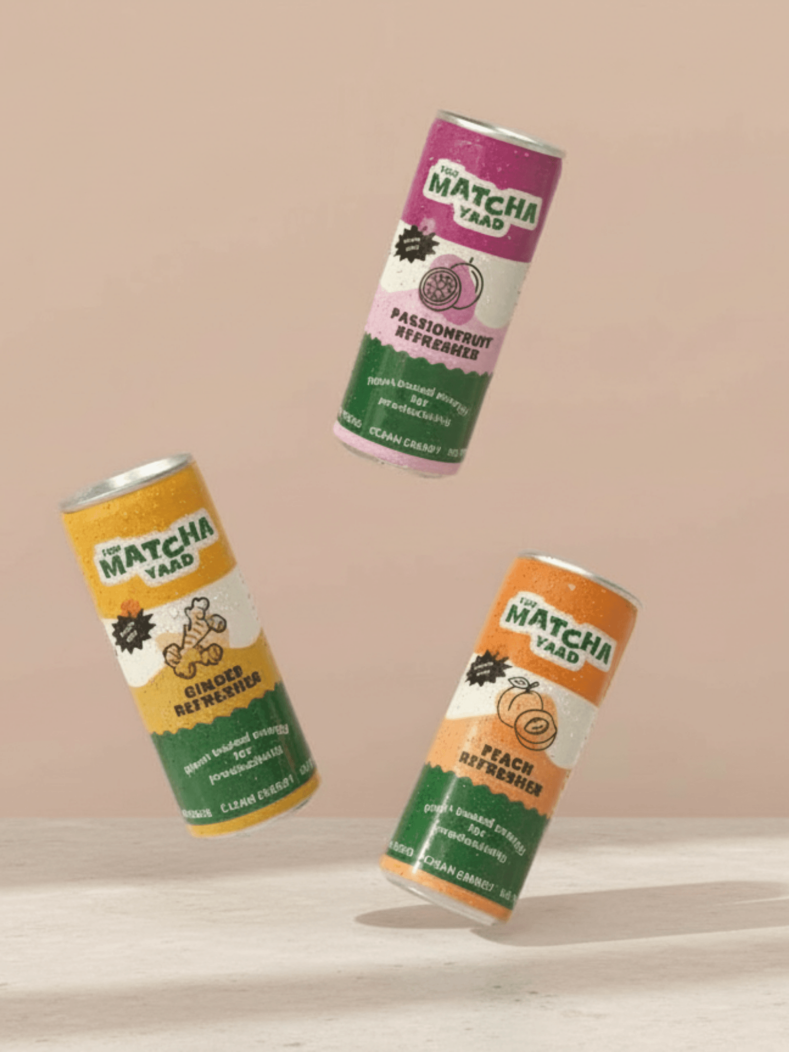 Refresher Variety Bundle of Matcha energy drinks in Passionfruit, Peach, and Ginger flavors, floating against a soft beige background.