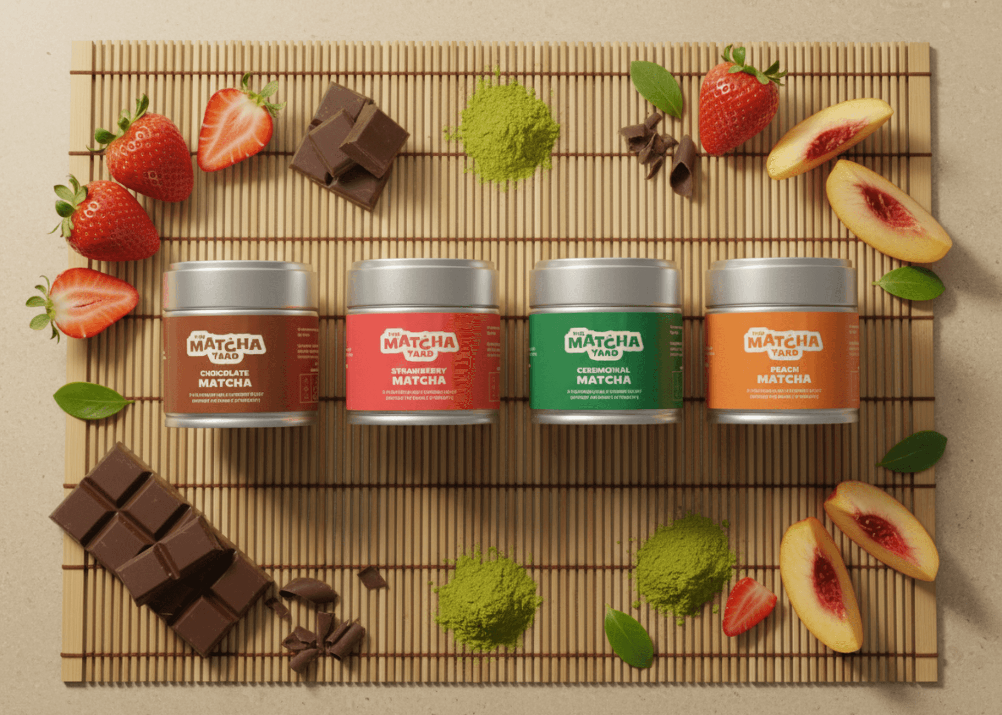 The Complete Matcha Collection with chocolate, strawberry, ceremonial, and peach matcha tins surrounded by fresh fruit and matcha powder on a bamboo mat.