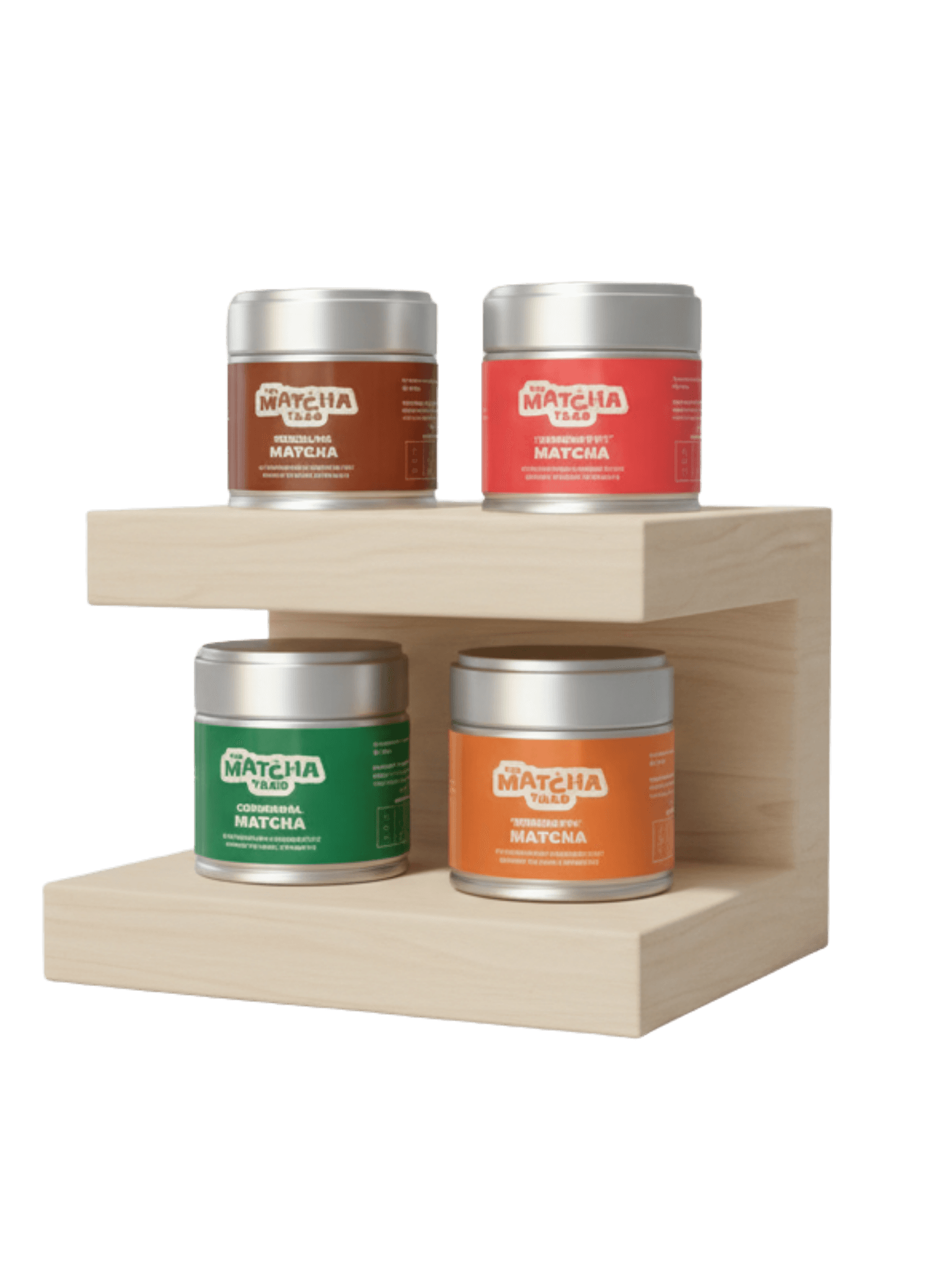 The Complete Matcha Collection featuring four flavoured matcha tea tins on a wooden display shelf, ideal for tea lovers and energy drink enthusiasts.