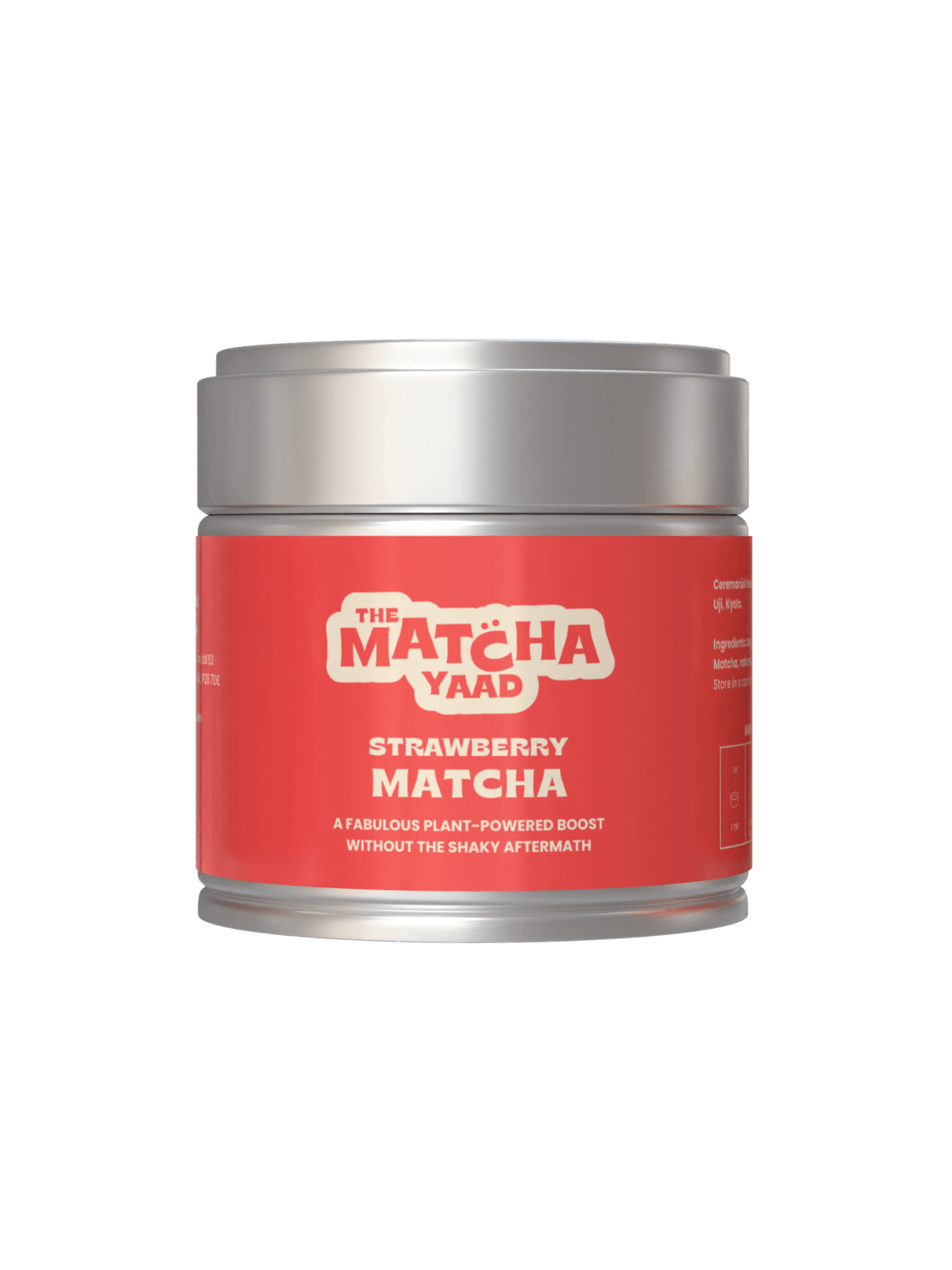 Strawberry Matcha powder in a red-labeled tin from The Matcha Yaad, ideal for iced lattes and smoothies. A plant-powered tea blend for an energy boost.