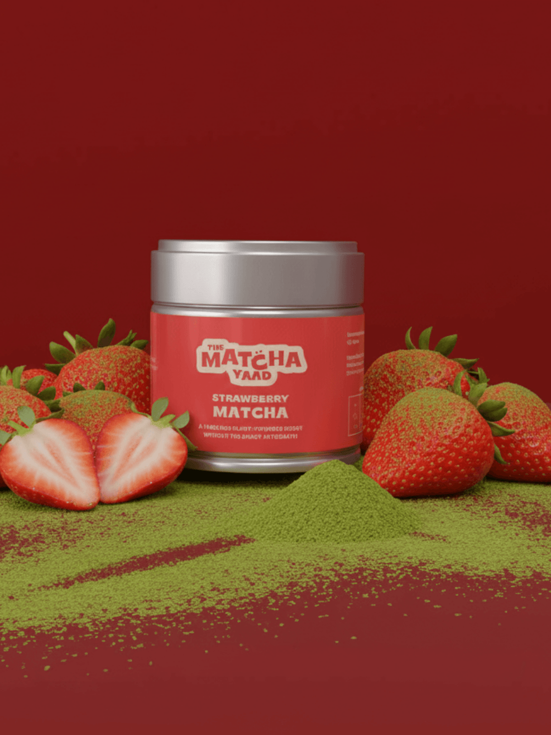 Strawberry Matcha powder by The Matcha Yard in a red jar surrounded by fresh strawberries and green matcha powder on a red background.