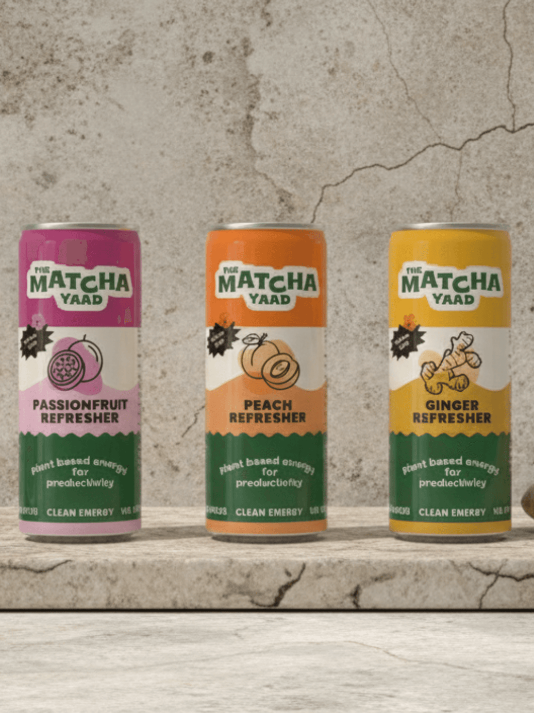 Refresher Variety Bundle featuring Passionfruit, Peach, and Ginger Matcha energy drinks on stone background, perfect for active lifestyles.