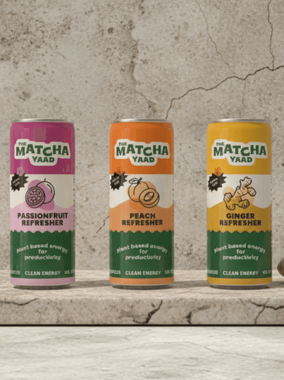 Refresher Variety Bundle featuring Passionfruit, Peach, and Ginger Matcha energy drinks on stone background, perfect for active lifestyles.