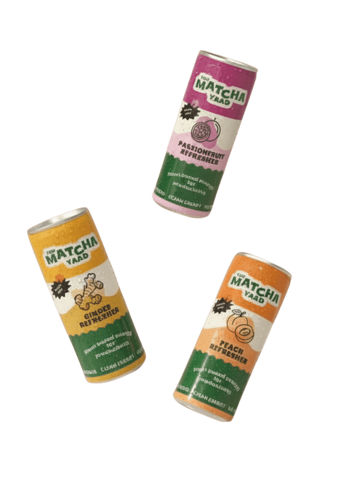 Refresher Variety Bundle with Ginger, Peach, and Passionfruit Matcha energy drinks in vibrant cans, ideal for clean, plant-based energy.