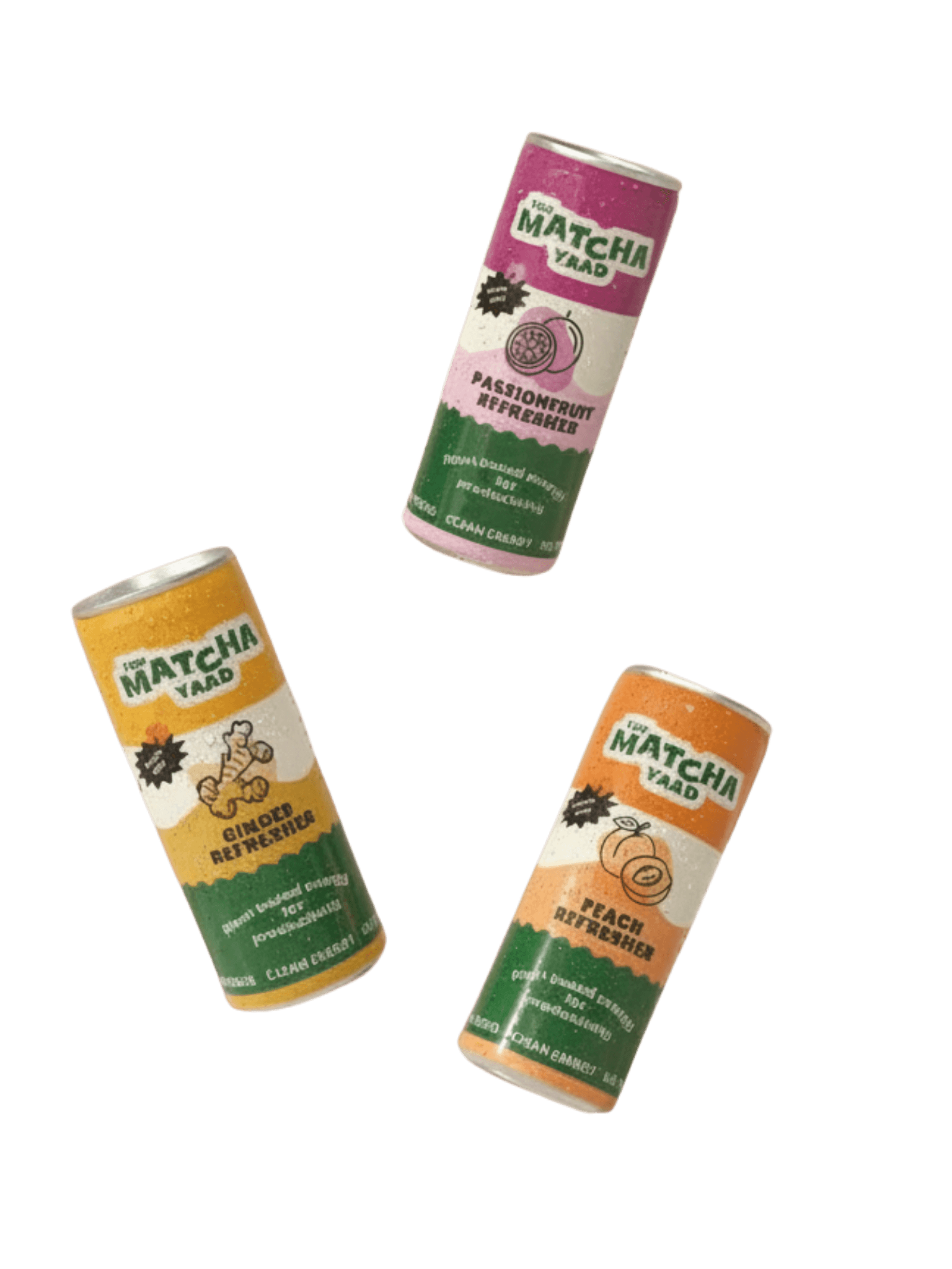 Refresher Variety Bundle with Ginger, Peach, and Passionfruit Matcha energy drinks in vibrant cans, ideal for clean, plant-based energy.