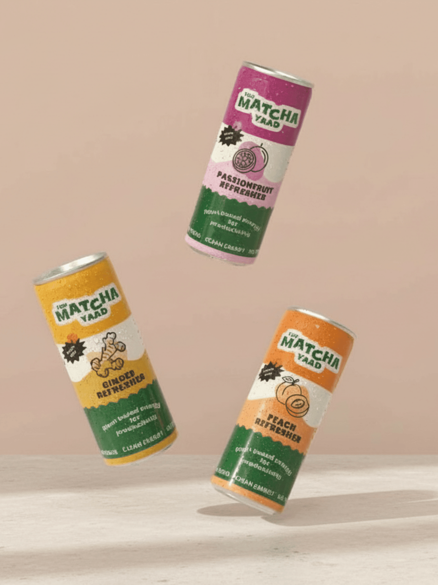 Refresher Variety Bundle of Matcha energy drinks in Passionfruit, Peach, and Ginger flavors, floating against a soft beige background.