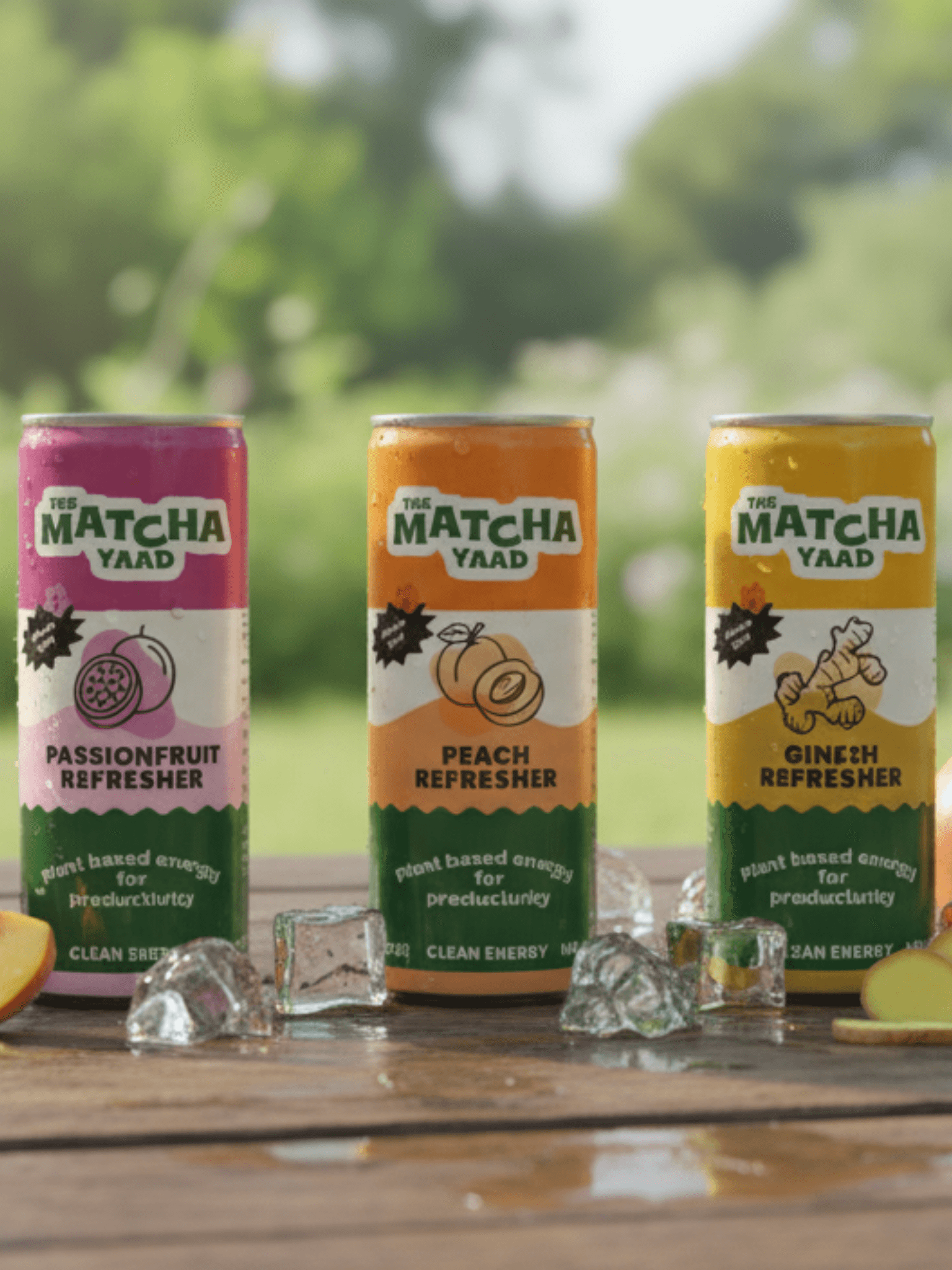 Refresher Variety Bundle with Passionfruit, Peach, and Ginger Matcha drinks surrounded by ice and fruit, designed for refreshing clean energy.