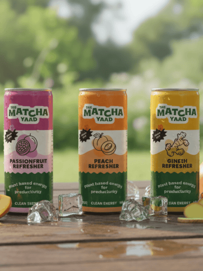 Refresher Variety Bundle with Passionfruit, Peach, and Ginger Matcha drinks surrounded by ice and fruit, designed for refreshing clean energy.