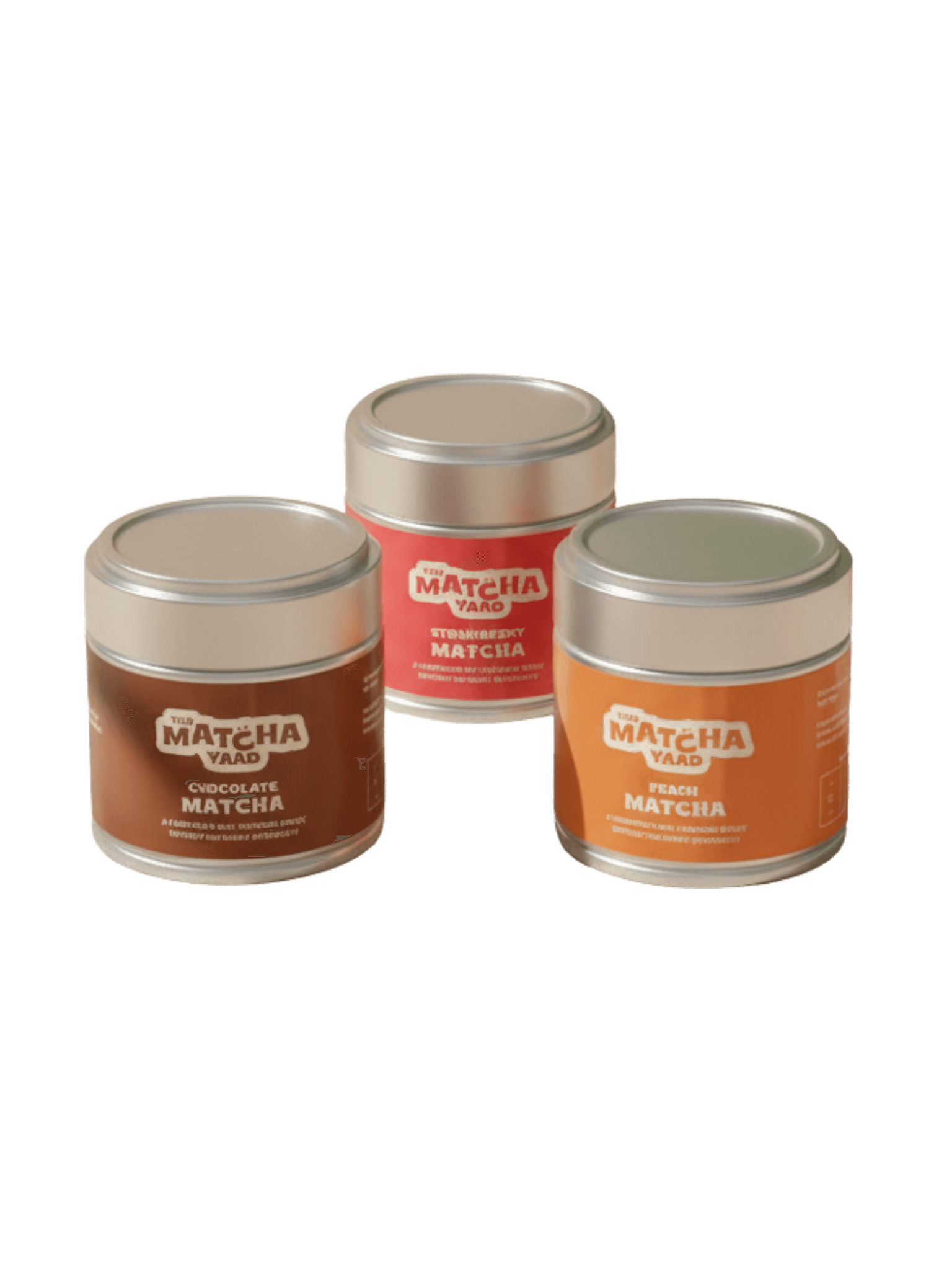 Flavoured Matcha Trio featuring Chocolate, Strawberry, and Peach Matcha in labeled tins. Perfect for tea lovers and latte enthusiasts.
