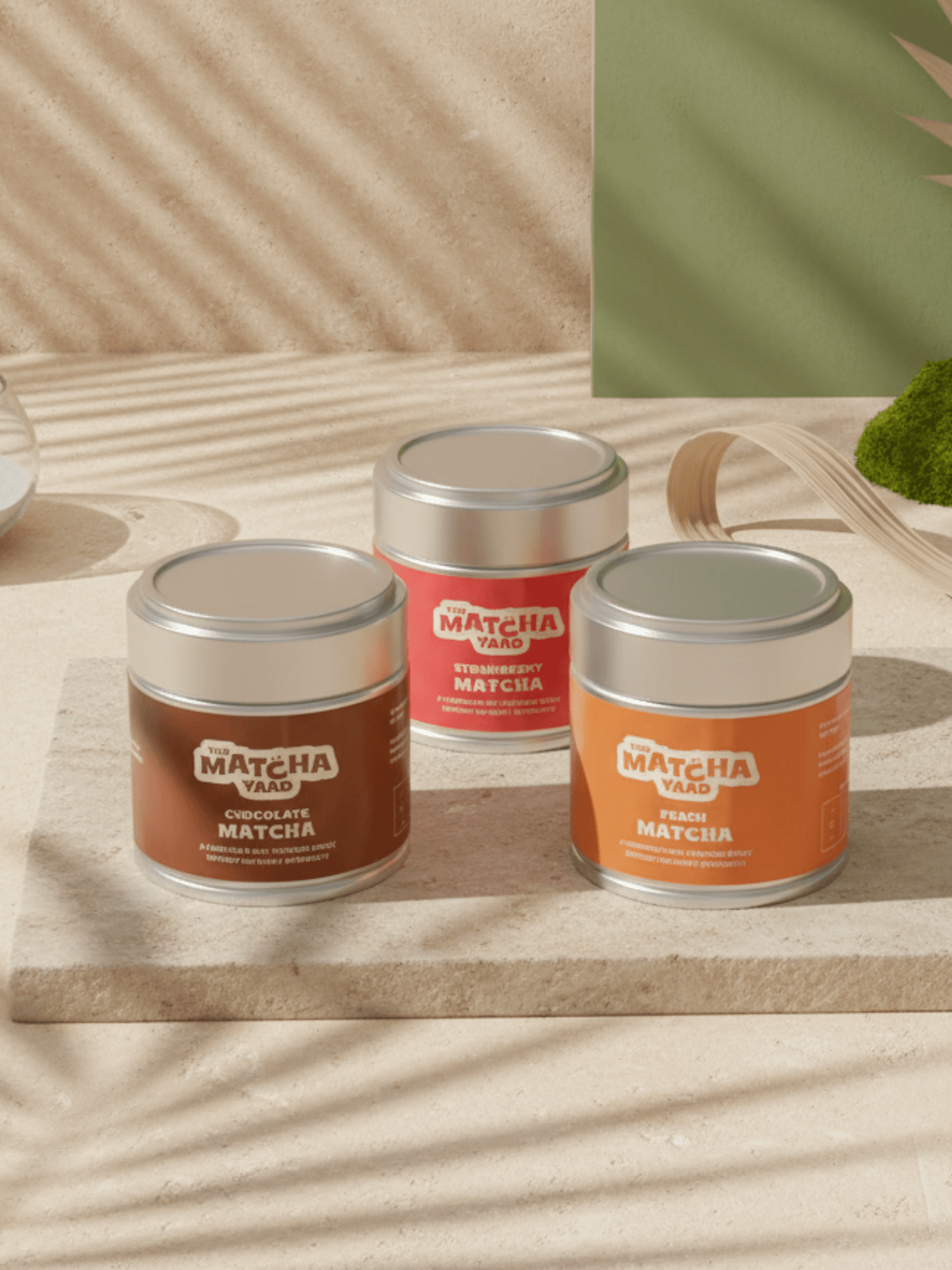 Flavoured Matcha Trio with Chocolate, Strawberry, and Peach Matcha tins displayed on a sunlit surface. Ideal for iced drinks and energy boosts.