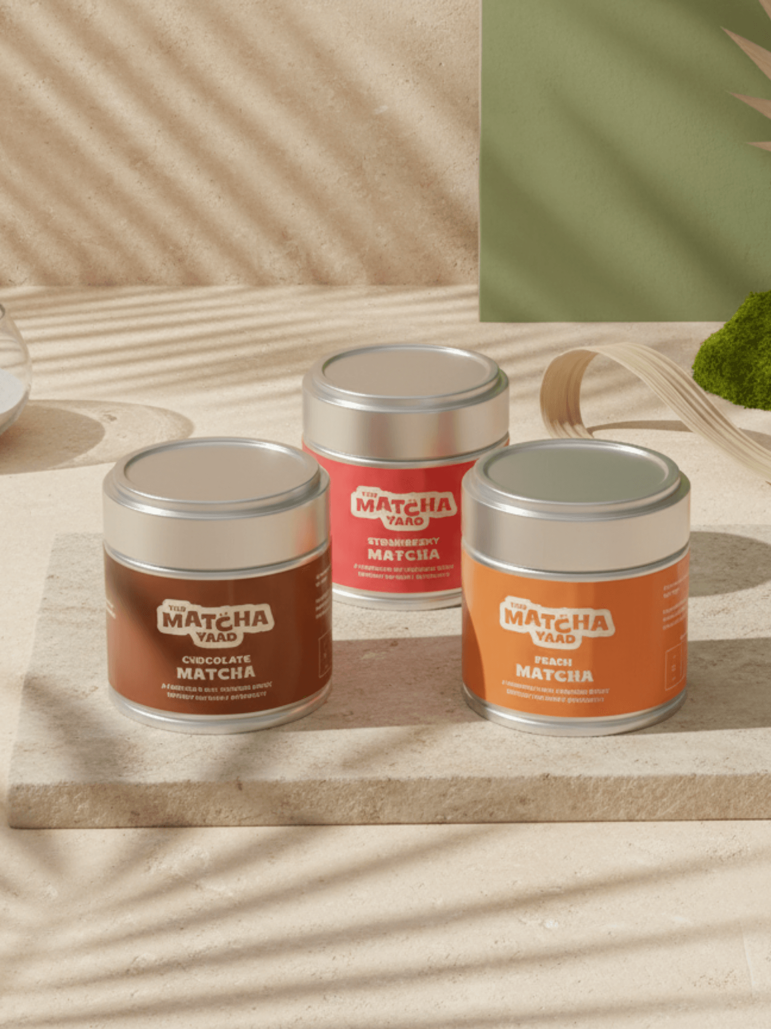 Flavoured Matcha Trio with Chocolate, Strawberry, and Peach Matcha tins displayed on a sunlit surface. Ideal for iced drinks and energy boosts.