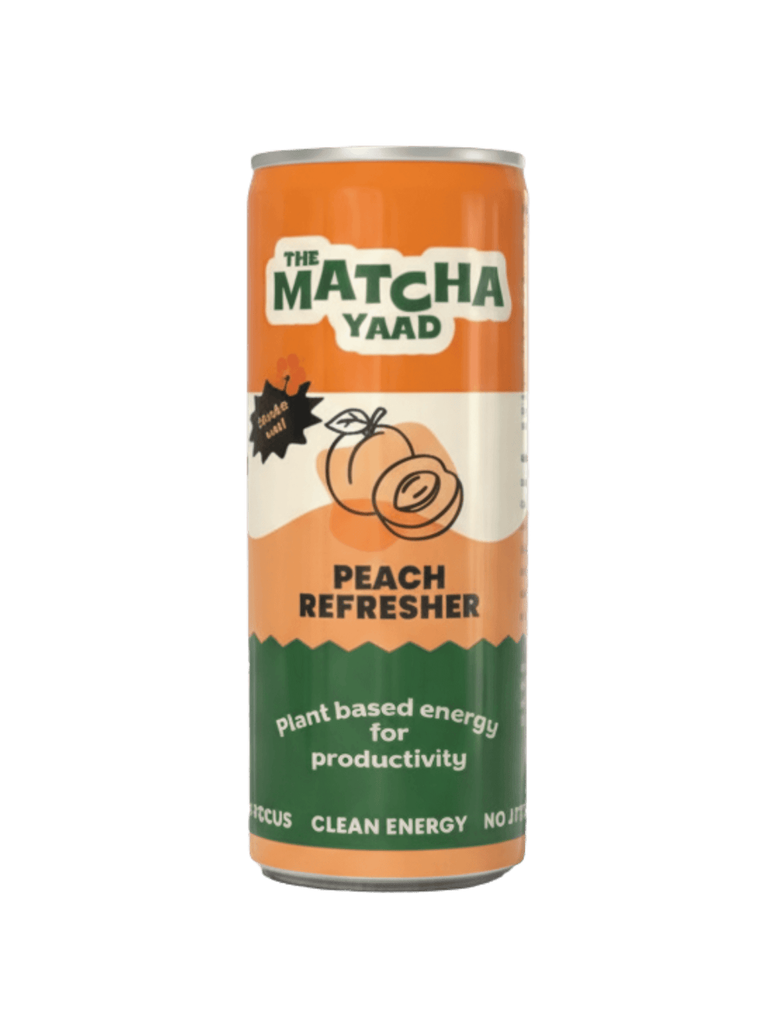Peach Refresher matcha energy drink can with bold orange and green label, offering plant-based clean energy for productivity.