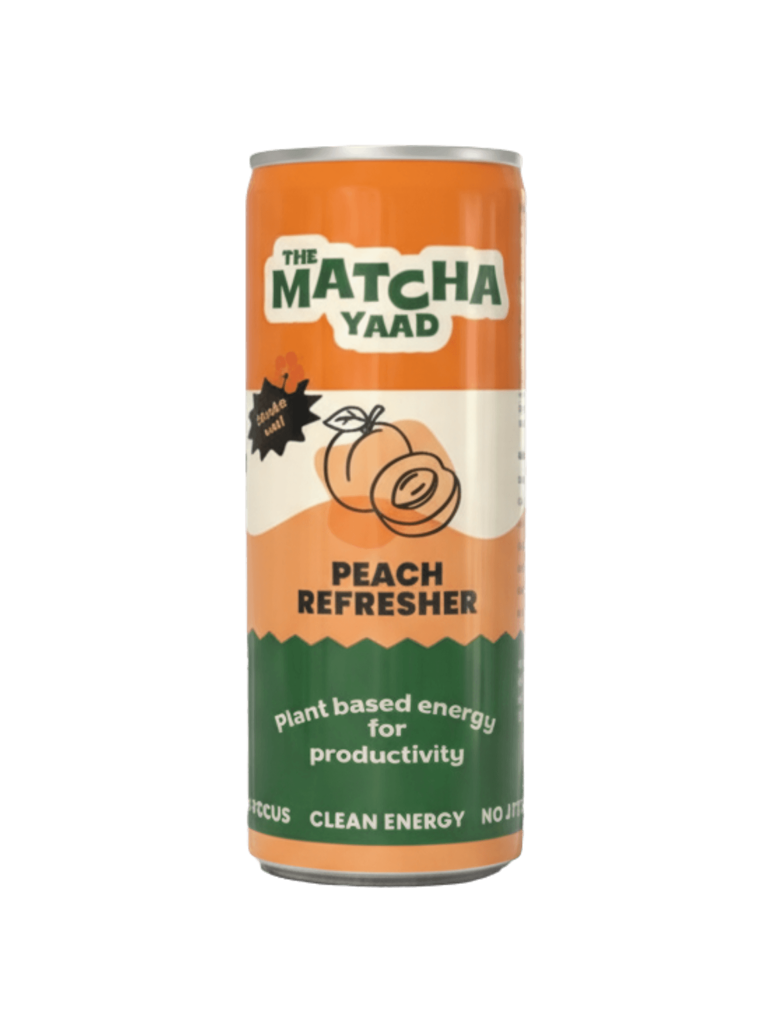 Peach Refresher matcha energy drink can with bold orange and green label, offering plant-based clean energy for productivity.