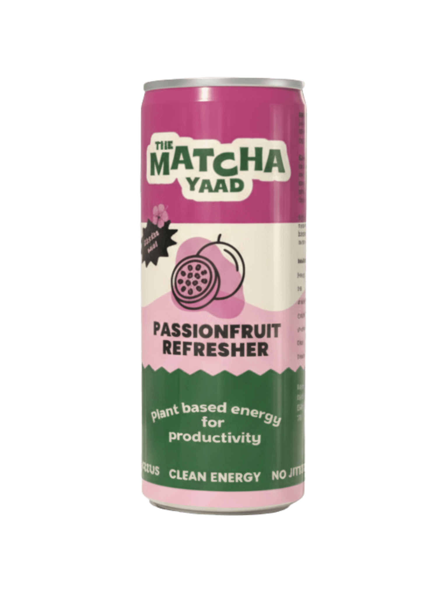 Passionfruit Refresher clean energy drink can with pink and green label, offering plant-based energy for productivity and focus.