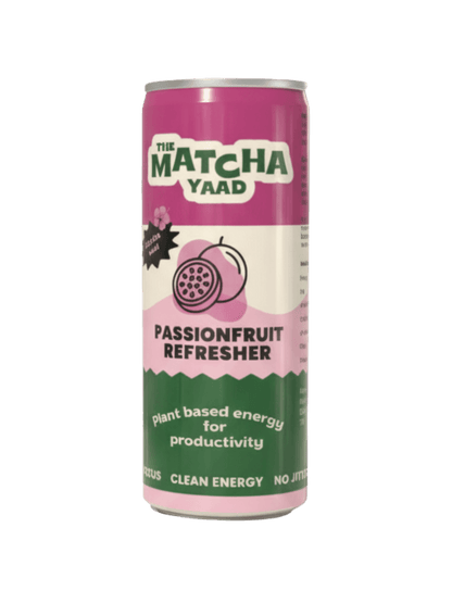 Passionfruit Refresher clean energy drink can with pink and green label, offering plant-based energy for productivity and focus.