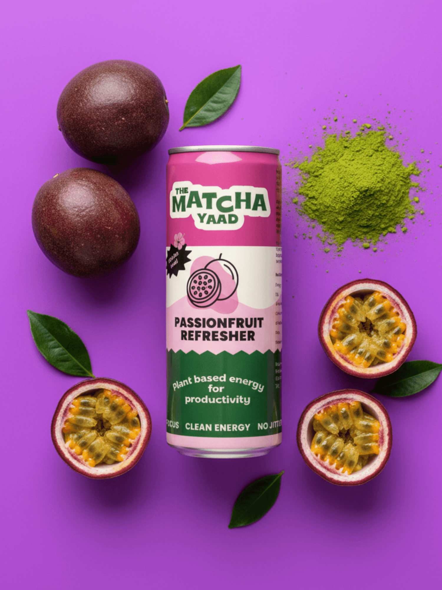 Passionfruit Refresher energy drink surrounded by fresh passionfruit and matcha powder on a vibrant purple background, promoting clean energy.