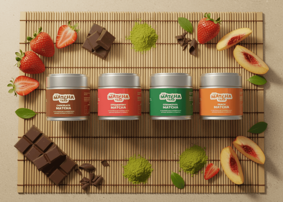 The Complete Matcha Collection with chocolate, strawberry, ceremonial, and peach matcha tins surrounded by fresh fruit and matcha powder on a bamboo mat.
