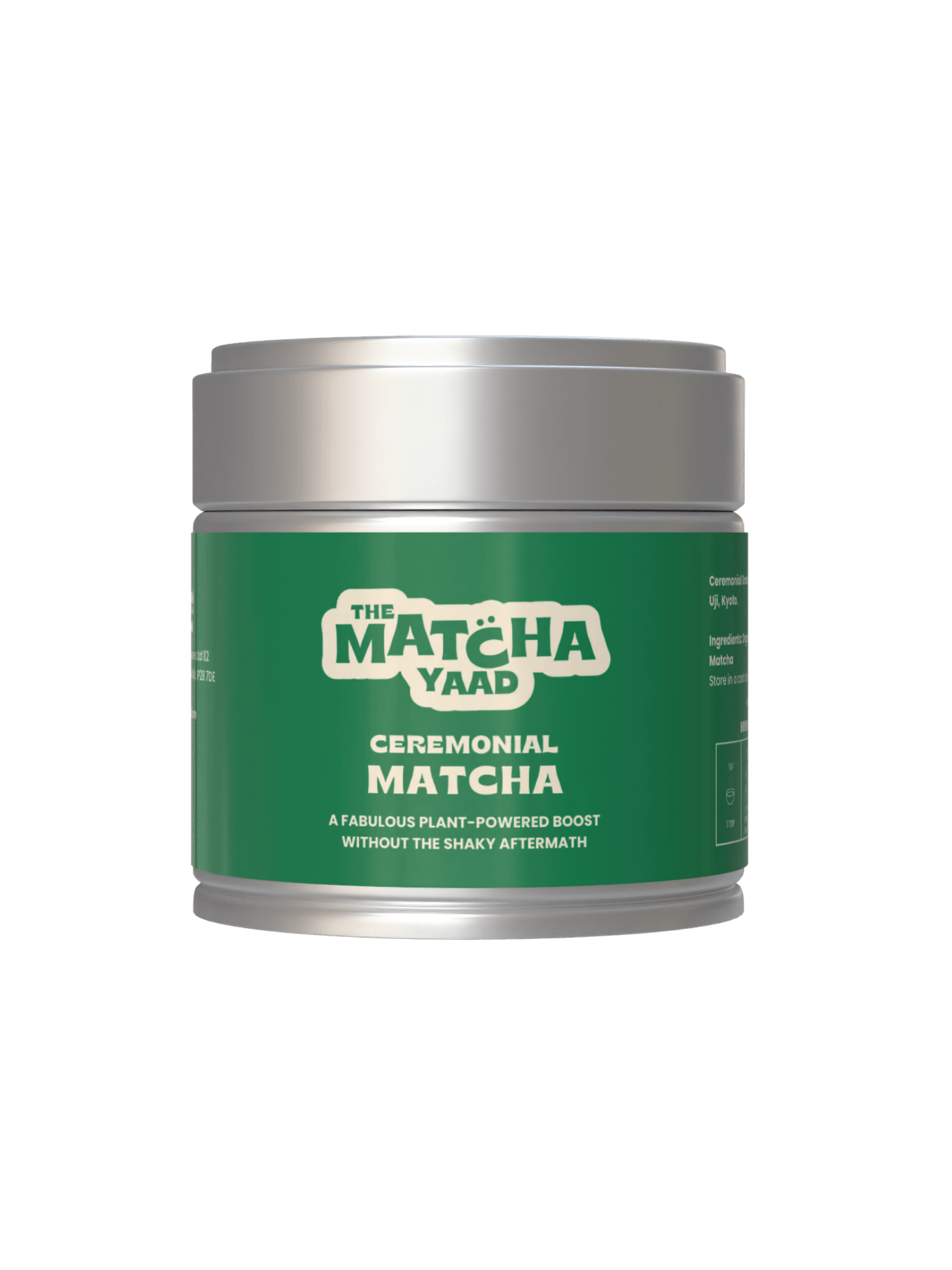 Gokou Ceremonial Matcha - Pure and Authentic matcha powder in a green tin with silver lid, ideal for tea rituals and mindful sipping.
