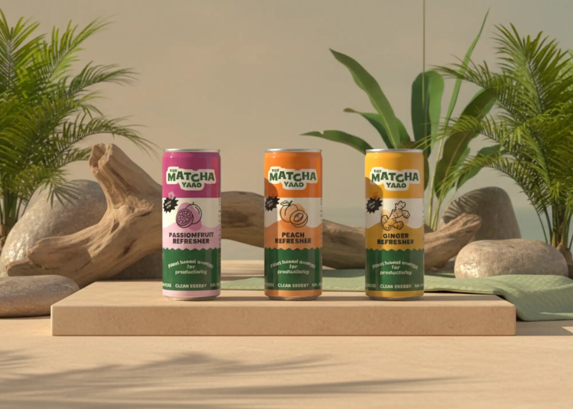 Three aluminum beverage cans from the brand matcha yaad, featuring vibrant pink, orange, and yellow labels with distinct flavor names: passionfruit, peach, and ginger.